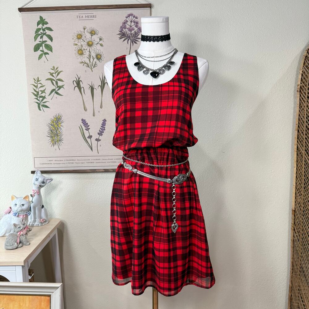 Guess Red Black Plaid Sleeveless Dress Visual Kei Emo Punk Goth Grunge Y2k M